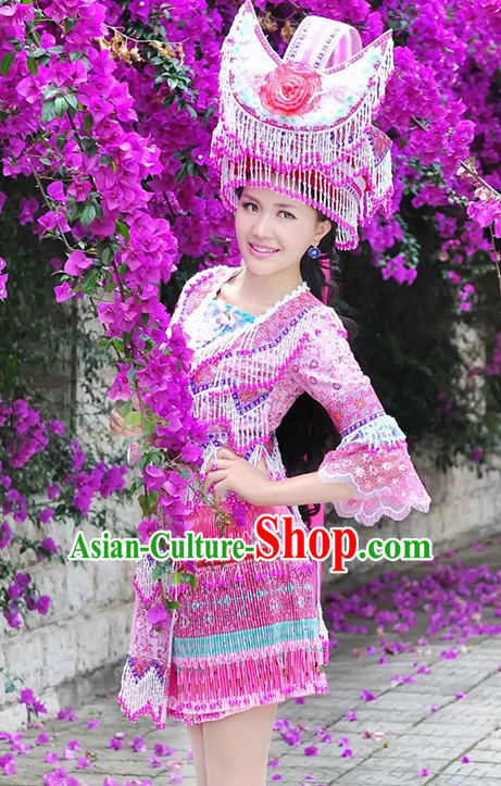 Hmong Women Minority Dresses Miao Girls Clothing Ethnic Miao Minority Dance Costume Minority Dress Dance Miao Costumes and Hat Complete Set