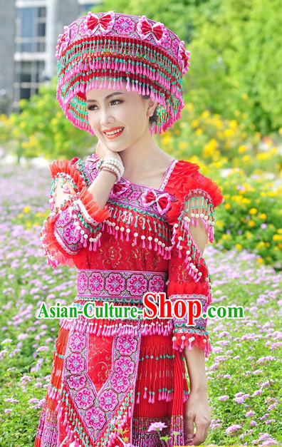 Hmong Women Minority Dresses Miao Girls Clothing Ethnic Miao Minority Dance Costume Minority Dress Dance Miao Costumes and Hat Complete Set