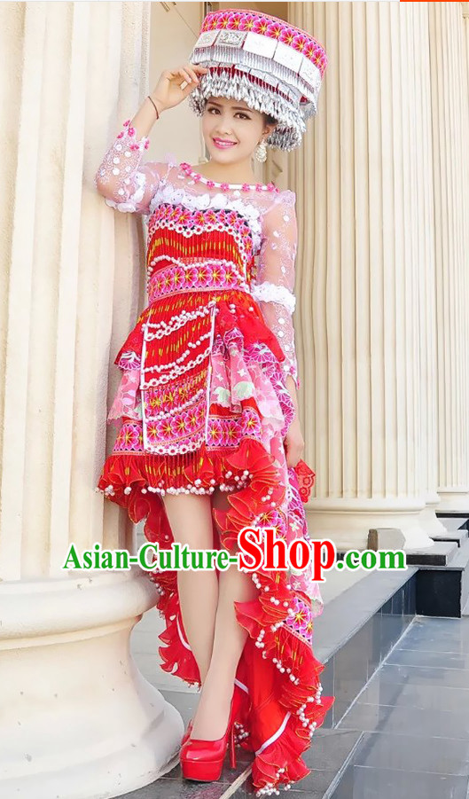 Hmong Women Minority Dresses Miao Girls Clothing Ethnic Miao Minority Dance Costume Minority Dress Dance Miao Costumes and Hat Complete Set