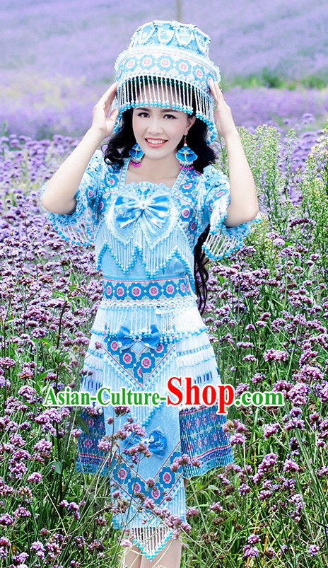 Hmong Women Minority Dresses Miao Girls Clothing Ethnic Miao Minority Dance Costume Minority Dress Dance Miao Costumes and Hat Complete Set