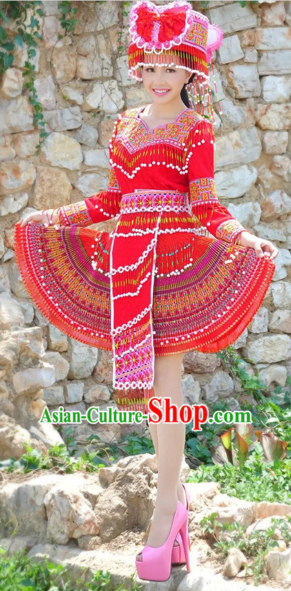 Hmong Women Minority Dresses Miao Girls Clothing Ethnic Miao Minority Dance Costume Minority Dress Dance Miao Costumes and Hat Complete Set