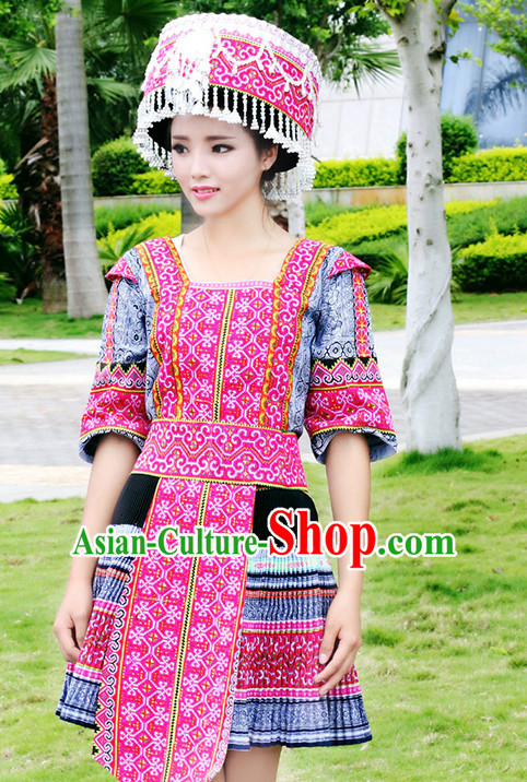 Hmong Women Minority Dresses Miao Girls Clothing Ethnic Miao Minority Dance Costume Minority Dress Dance Miao Costumes and Hat Complete Set