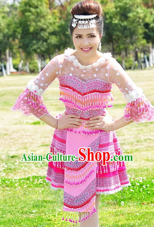 Hmong Women Minority Dresses Miao Girls Clothing Ethnic Miao Minority Dance Costume Minority Dress Dance Miao Costumes and Hat Complete Set