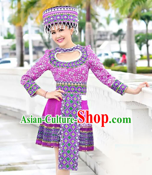 Hmong Women Minority Dresses Miao Girls Clothing Ethnic Miao Minority Dance Costume Minority Dress Dance Miao Costumes and Hat Complete Set