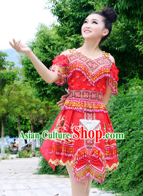 Hmong Women Minority Dresses Miao Girls Clothing Ethnic Miao Minority Dance Costume Minority Dress Dance Miao Costumes and Hat Complete Set