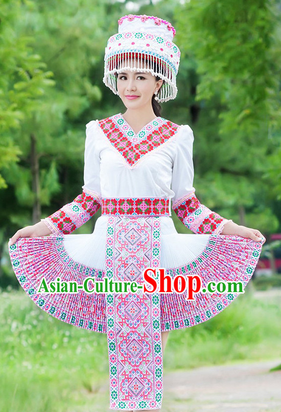 Hmong Women Minority Dresses Miao Girls Clothing Ethnic Miao Minority Dance Costume Minority Dress Dance Miao Costumes and Hat Complete Set