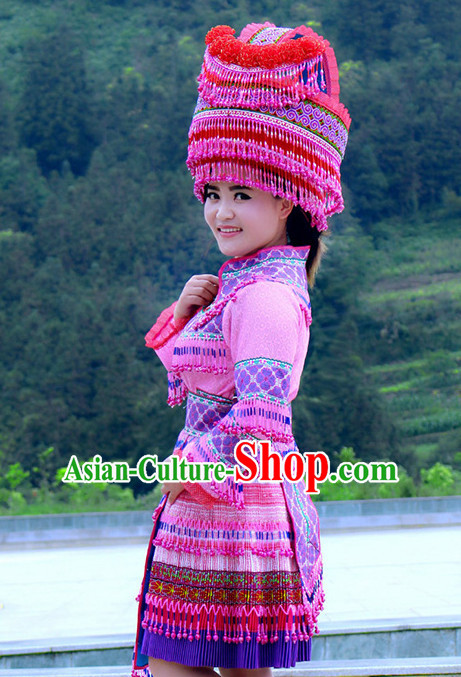 Hmong Women Minority Dresses Miao Girls Clothing Ethnic Miao Minority Dance Costume Minority Dress Dance Miao Costumes and Hat Complete Set