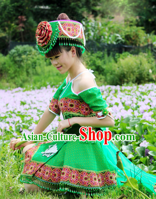 Hmong Women Minority Dresses Miao Girls Clothing Ethnic Miao Minority Dance Costume Minority Dress Dance Miao Costumes and Hat Complete Set