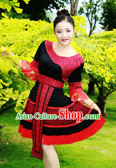 Hmong Women Minority Dresses Miao Girls Clothing Ethnic Miao Minority Dance Costume Minority Dress Dance Miao Costumes and Hat Complete Set