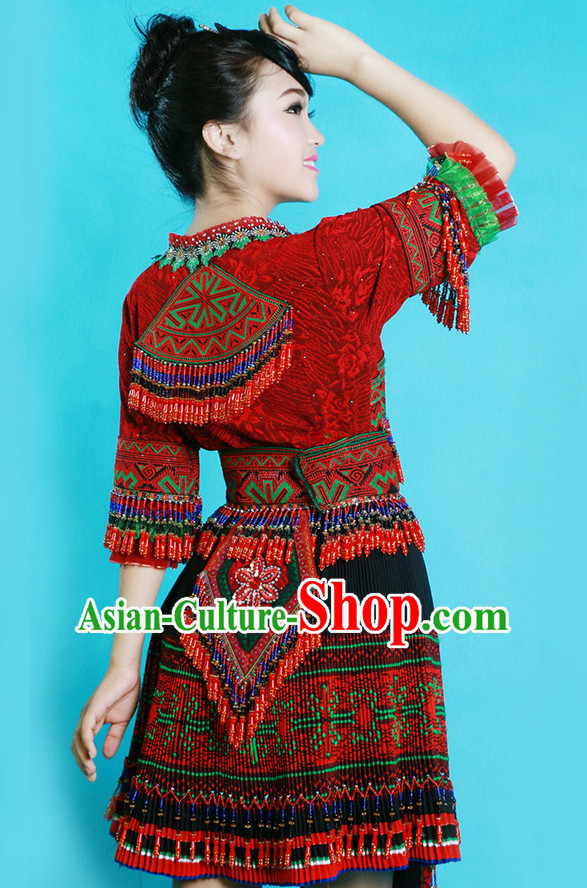 Hmong Women Minority Dresses Miao Girls Clothing Ethnic Miao Minority Dance Costume Minority Dress Dance Miao Costumes and Hat Complete Set