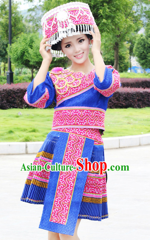 Hmong Women Minority Dresses Miao Girls Clothing Ethnic Miao Minority Dance Costume Minority Dress Dance Miao Costumes and Hat Complete Set