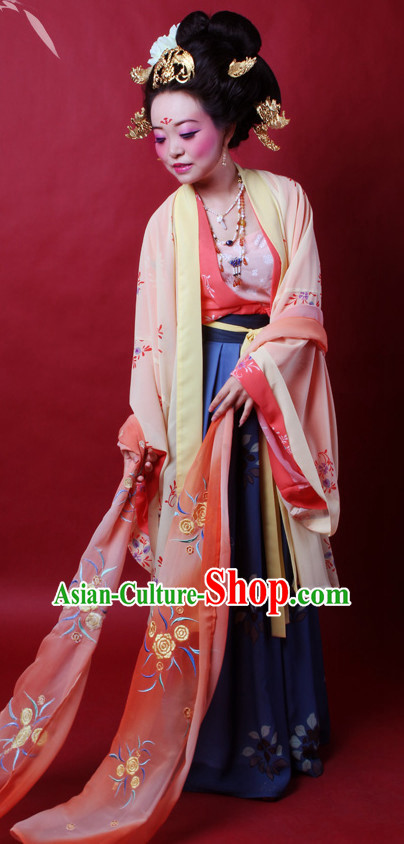 Ancient Chinese Tang Dynasty Princess Hanfu Costumes and Hair Jewelry Complete Set for Women