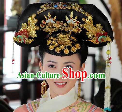 Traditional Chinese Women Qing Empress Headpiece Princess Headdress Palace Hair Decorations Royal Hair Sticks Head Gear Hair Decoration Set