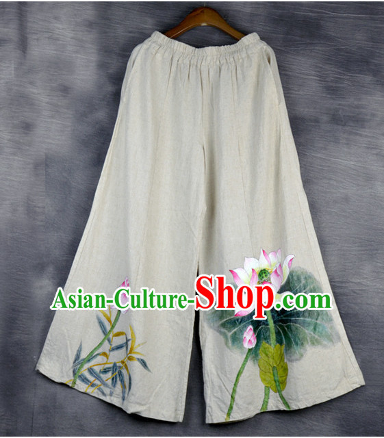 Chinese Classical Hands Painted Lotus Pants