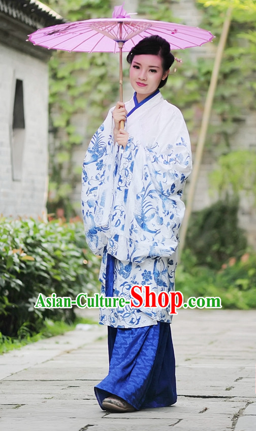 White Blue Ancient Chinese Han Dynasty Dresses Hanfu Quju Clothing Hanbok Kimono Complete Set for Women