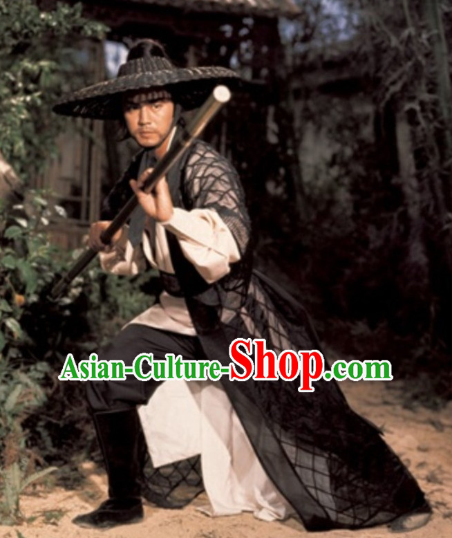 Chinese Ancient Swordsman Clothing Knight Costumes and Bamboo Hat Complete Set for Men