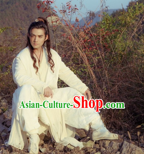 Ancient Chiinese Knight Samurai Costumes White Hanfu Clothing for Men