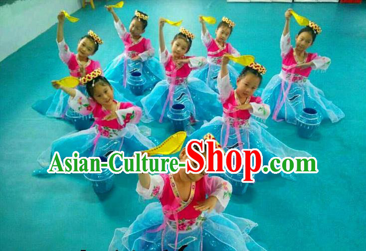 Traditional Chinese Yangge, Children Fan Dancing Wholesale Costume, Folk Dance Yangko Costume Dancewear for Kids