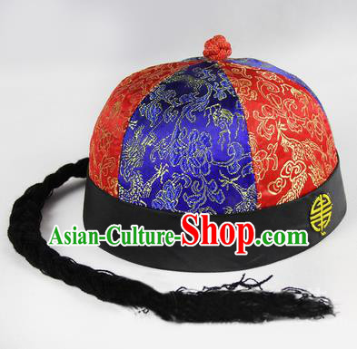 Chinese Ancient Swordsman Long Wig Set, Traditional Chinese Qing Dynasty Hats Wig Hoods for Men