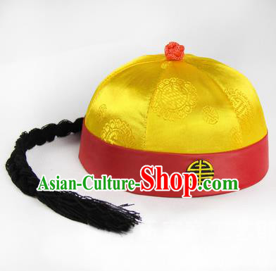 Chinese Ancient Swordsman Long Wig Set, Traditional Chinese Qing Dynasty Hats Wig Hoods for Men