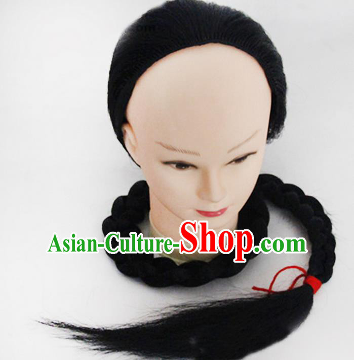 Chinese Ancient Swordsman Long Wig Set, Traditional Chinese Qing Dynasty Hats Wig Hoods for Men