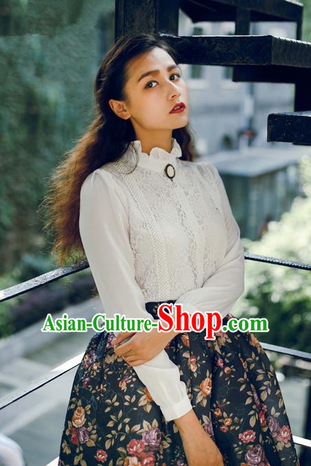 Traditional Classic Women Clothing Base Shirt, Traditional Classic Restoring Ancient Lace Silk Chiffon Unlined Upper Garment Collar Blouse for Women