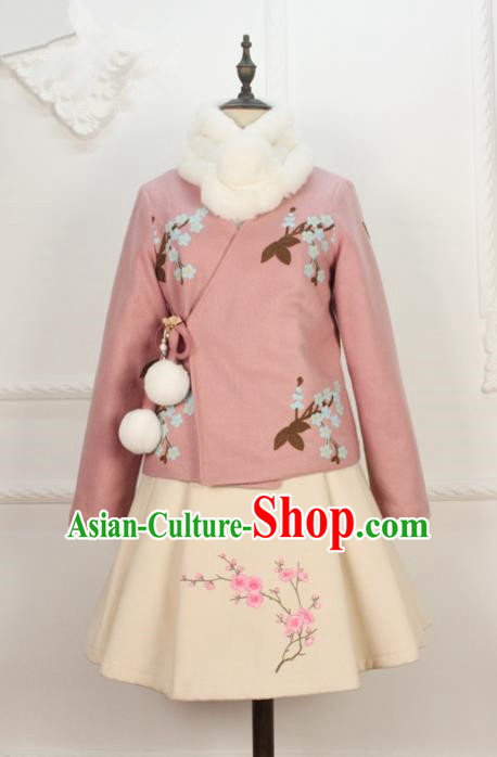 Traditional Classic Women Clothing, Traditional Chinese Classic Woolen Dress Embroidered Pleated Skirt, Chinese Han Dynasty Restoring Ancient Wool Short Skirt for Women