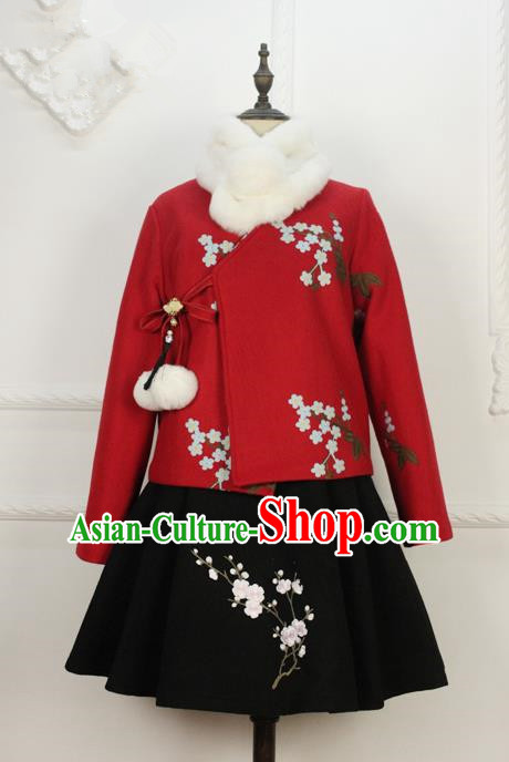 Traditional Classic Women Clothing, Traditional Chinese Classic Woolen Dress Embroidered Pleated Skirt, Chinese Han Dynasty Restoring Ancient Wool Short Skirt for Women