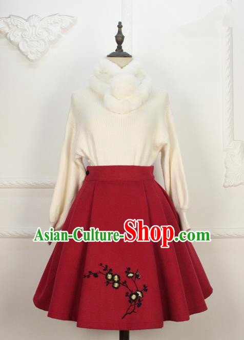 Traditional Classic Women Clothing, Traditional Chinese Classic Woolen Dress Embroidered Pleated Skirt, Chinese Han Dynasty Restoring Ancient Wool Short Skirt for Women