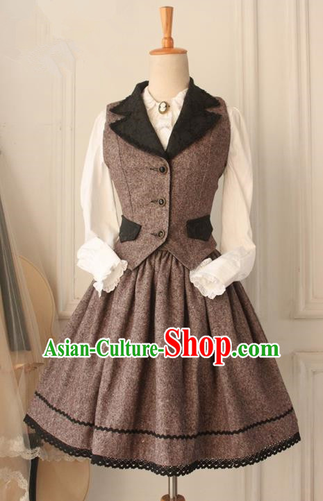 Traditional Classic Women Clothing, Traditional Classic Woolen Dress, British Restoring Ancient Striped Wool Vest and Long Skirt Complete Set for Women