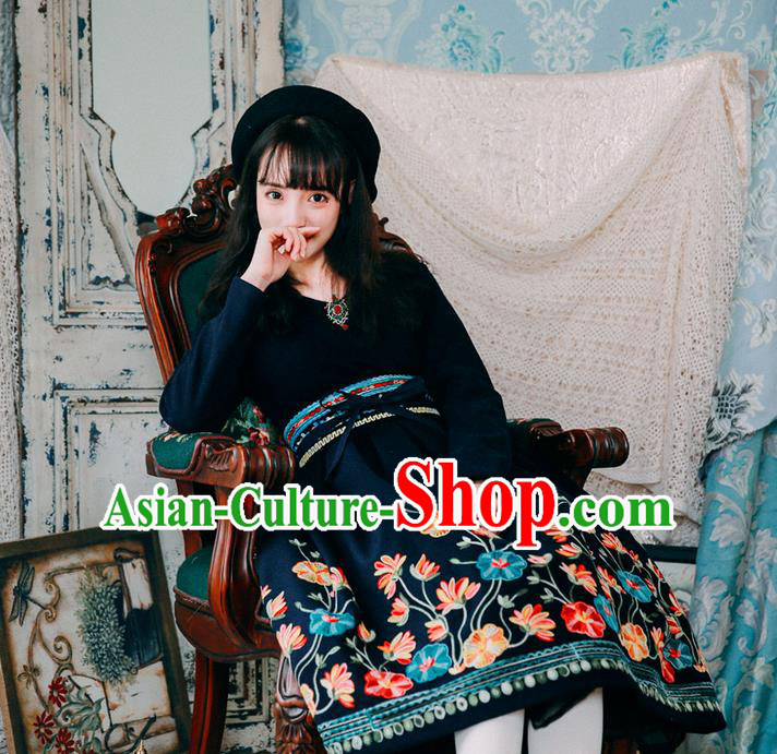 Traditional Classic Women Clothing, Traditional Classic Chinese Restoring Ancient Woolen Dress, Wool Embroidered One-Piece Skirt for Women