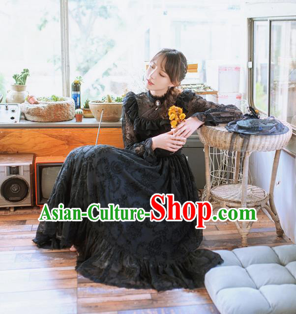 Traditional Classic Women Clothing, Traditional Classic Gothic Flocking Lace Long-Sleeved Dress Long Skirts