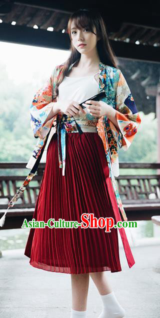 Traditional Japanese Restoring Ancient Kimono Costume, China Kimono Pleated Skirt Chiffon Long Dress for Women