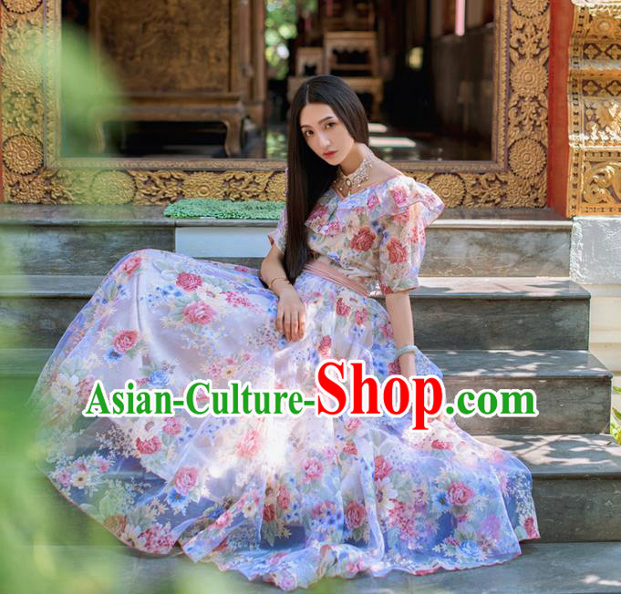 Traditional Classic Elegant Women Costume One-Piece Dress, Restoring Ancient Princess Printed organza Long Dress for Women