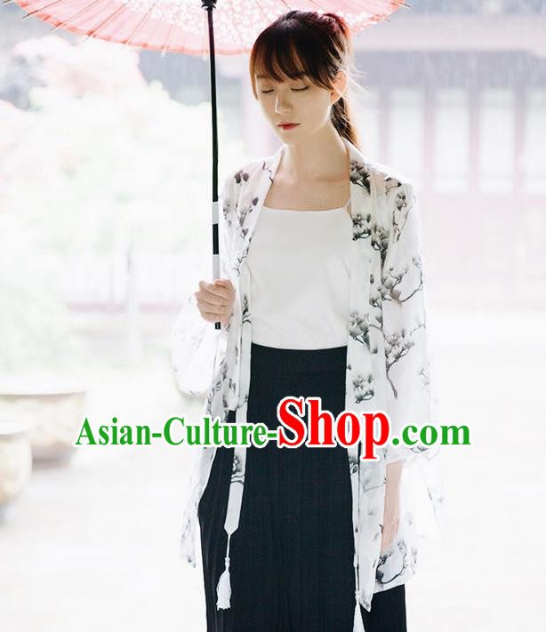 Traditional Japanese Restoring Ancient Kimono Costume Haori Signature Cotton Smock, China Kimono Modified Tassel Michelia Alba Long Cardigan for Women