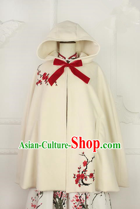 Traditional Classic Chinese Elegant Women Costume Hanfu Woolen Cloak, Restoring Ancient Embroider Plum Blossom Cape for Women