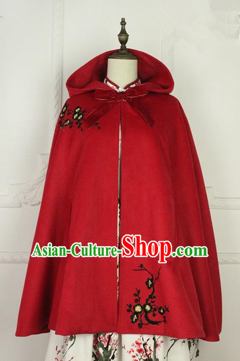 Traditional Classic Chinese Elegant Women Costume Hanfu Woolen Cloak, Restoring Ancient Embroider Plum Blossom Cape for Women