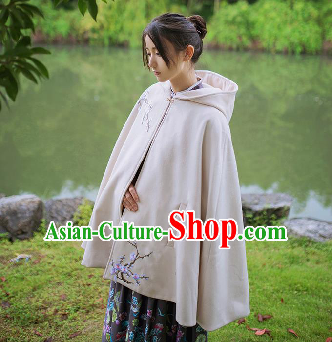 Traditional Classic Chinese Elegant Women Costume Hanfu Woolen Cloak, Restoring Ancient Embroider Plum Blossom Cape for Women