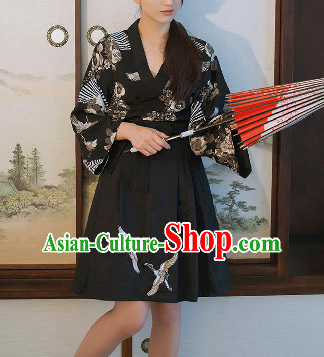 Traditional Japanese Restoring Ancient Kimono Costume Crane Bust Skirt, China Kimono Modified Short Skirt Embroidery Pleated Skirt for Women