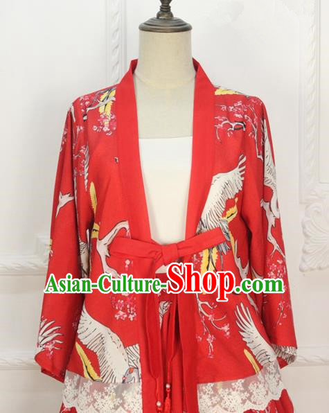 Traditional Japanese Restoring Ancient Kimono Costume Crane Smock, China Red Modified Short Cardigan Jacket for Women