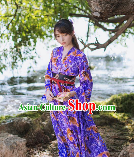 Traditional Japanese Restoring Ancient Kimono Costume Fancy Carp One-Piece Dress, China Modified Cross Collar Silk Dress for Women