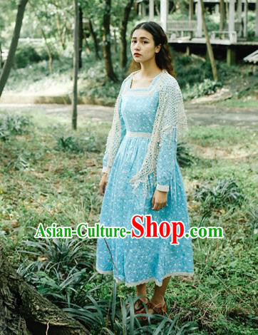 Traditional Classic Elegant Women Costume Lace One-Piece Dress, Restoring Ancient Princess Wave Point Long-Sleeved Lace Dress for Women