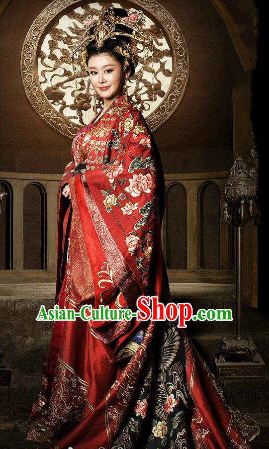 Traditional Chinese Ancient Imperial Emperess Concubine Wedding Costumes, Ancient Chinese Cosplay Queen Princess Costume and Hair Accessories Complete Set for Women