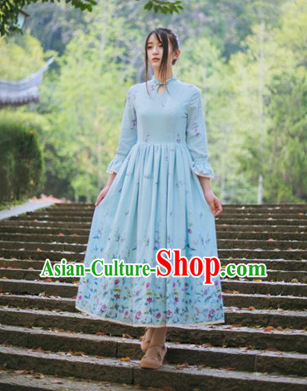 Traditional Classic Chinese Elegant Women Costume One-Piece Dress, Chinese Cheongsam Restoring Ancient Princess Plate Buttons Stand Collar Dress for Women