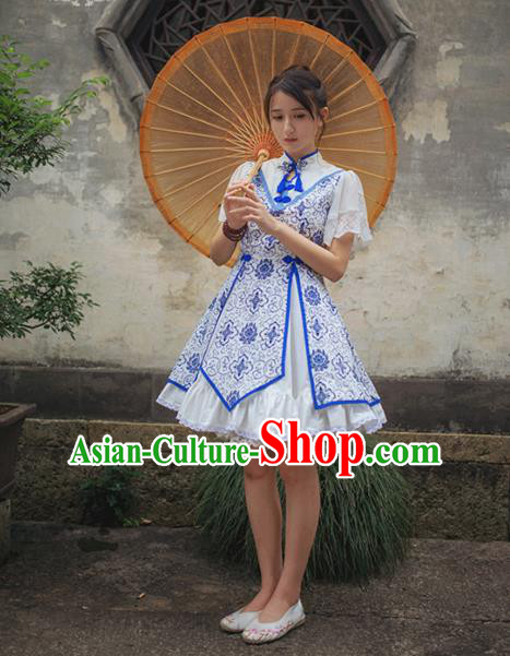 Traditional Classic Chinese Elegant Women Costume One-Piece Lotus Painting Dress, Restoring Ancient Princess Stand Collar Dress for Women