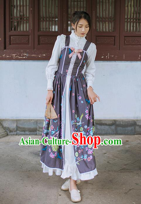 Traditional Classic Chinese Elegant Women Costume Crane One-Piece Dress, Chinese Cheongsam Restoring Ancient Princess Long Braces Skirt for Women