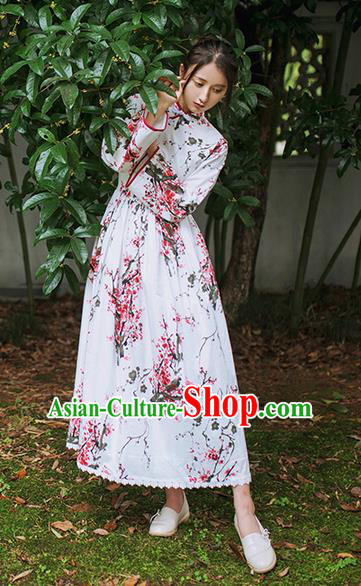 Traditional Classic Chinese Elegant Women Costume Plate Buckles One-Piece Dress, Chinese Cheongsam Restoring Ancient Princess Ink Plum Blossom Dress for Women