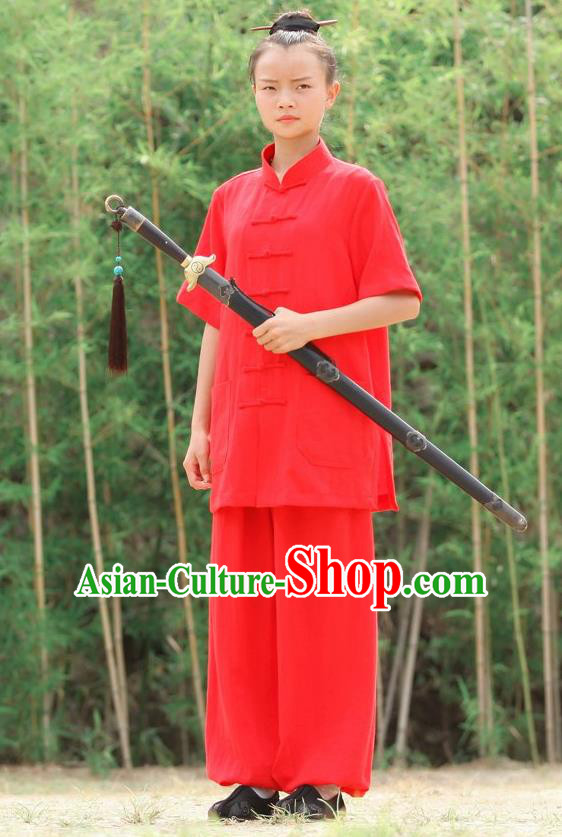 Traditional Chinese Wudang Linen Uniform Taoist Nun Uniform Kungfu Kung Fu Clothing Clothes Pants Shirt Supplies Wu Gong Outfits, Chinese Short-Sleeve Tang Suit Wushu Clothing Tai Chi Suits Uniforms for Women