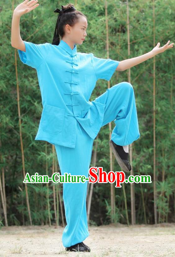 Traditional Chinese Wudang Linen Uniform Taoist Nun Uniform Kungfu Kung Fu Clothing Clothes Martial Pants Shirt Supplies Wu Gong Outfits, Chinese Short-Sleeve Tang Suit Wushu Clothing Tai Chi Suits Uniforms for Women