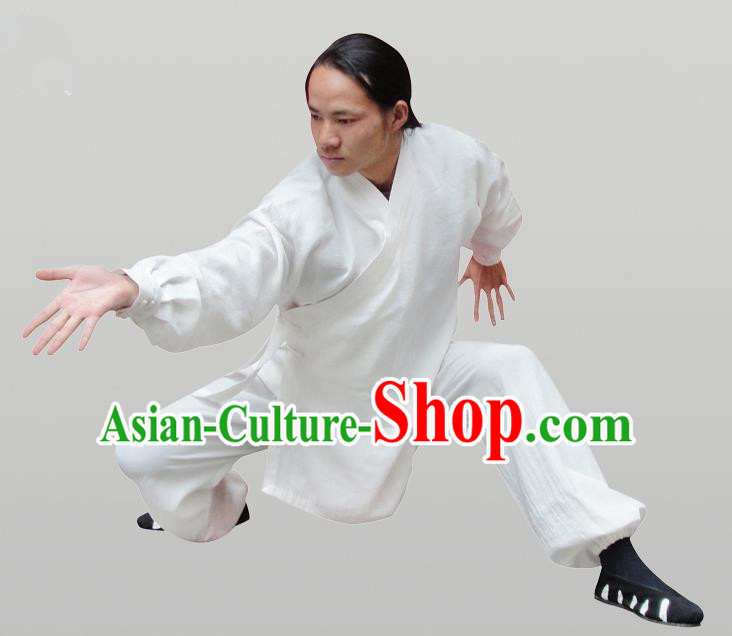 Traditional Chinese Wudang Uniform Taoist Uniform Thicken Linen Slant Opening Priest Frock Complete Set Kungfu Kung Fu Clothing Clothes Pants Slant Opening Shirt Supplies Wu Gong Outfits, Chinese Tang Suit Wushu Clothing Tai Chi Suits Uniforms for Men